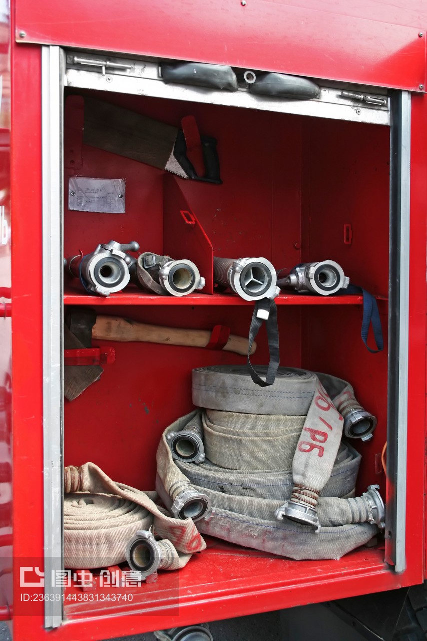 Box with fire hoses in the fire engine